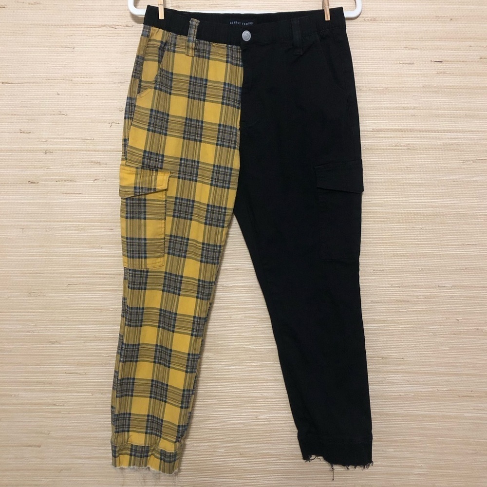 Two-toned Mustard Yellow Plaid and Black Cargo Raw Hem Pants Size Large